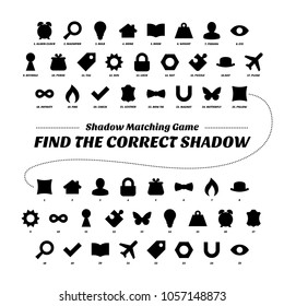 Shadow matcing game. Printable version. Find the correct figures. Worksheets for kids. Vector basic geometric silhouette. Education flat shape school collection. Eye, keyhole, purse, tag, sun, lock.