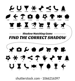 Shadow matcing game. Printable version. Find the correct shapes. Worksheets for kids. Vector basic silhouette. Education flat figures school collection. Phone, fir, leaf, arrow, umbrella, camera, egg