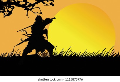 Shadow of a ninja standing in a meadow at sunset