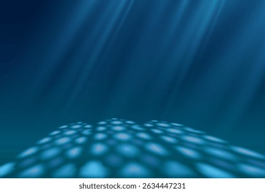 Shadow on blue floor vector illustration. Sun light and rays from window Islamic Ramadan decorative arch frame. Realistic soft shade reflection with oriental pattern blind blur effect perspective view
