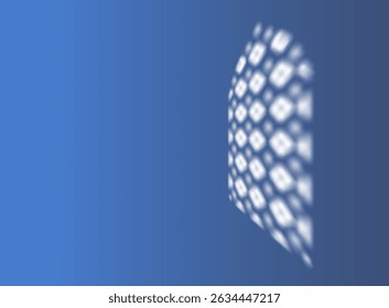 Shadow on blue gradient wall vector illustration. Sun light from window Islamic Ramadan decorative arch frame. Realistic blind blur effect. Soft shade reflection with oriental pattern perspective view