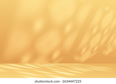 Shadow on yellow wall and floor vector illustration. Sun light from window Islamic Ramadan decorative arch frame. Realistic blind blur effect. Soft shade reflection with vintage oriental pattern