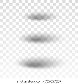 Shadow oval set. Gray soft shadows, isolated on white transparent background. Transparent graphic design. Template realistic shadows for decoration, frame, empty blank. Vector illustration
