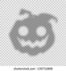 Shadow overlay effect for halloween background with smiling pumpkin with open mouth and bulging eyes. Mockup of transparent shadow overlay effect and natural lightning. Funny silhouette. Stock vector.