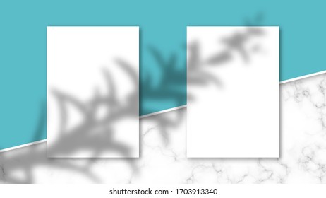 Shadow overlay effect on A4 paper mockup. Transparent light and shadows from leaves and foliage. Scene mockup of transparent shadow overlay effect and natural lightning. Vector