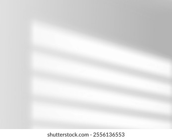 Shadow overlay effect on wall vector illustration. Realistic sun light from window blind or jalousie. Sun rays reflection soft shade. Shading background mockup. White room with natural lighting