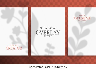Shadow Overlay Plant Vector Mockup A4 Paper sheets. Shadows overlay effects Of A leaf on orange background in a modern minimalist style. For presentation Flyer, Poster, blank, logo, invitation
