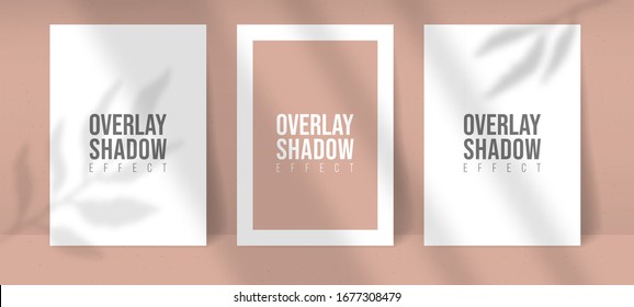 Shadow Overlay Plant Vector Mockup thre A4 Paper sheets. Shadows overlay leaf and window light effects. Modern minimalist style. For presentation Flyer, Poster, blank, logo, invitation. Editable color