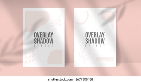 Shadow Overlay Plant Vector Mockup two A4 Paper sheets. Shadows overlay leaf and window light effects. Modern minimalist style. For presentation Flyer, Poster, blank, logo, invitation. Editable color