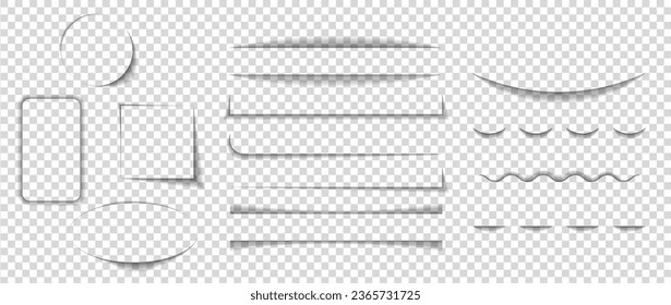 Shadow paper lines set. Transparent page divider in different shapes. Shade edges frame for sticker, card, poster. vector illustration