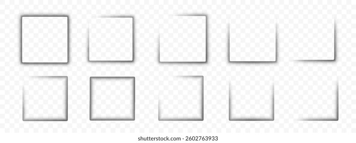 Shadow paper page or box realistic effects. Square soft blurry shapes shade border, edge layout, label. Shadow vector collection.