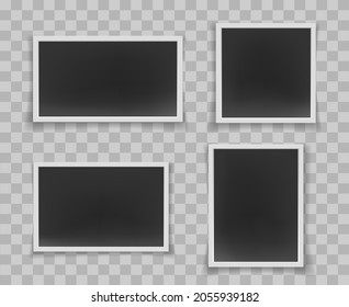 Shadow photos isolated. Printing photo retro framing, photography set with white borders, photograph pictures on transparent background, paper photographing portrait cards design