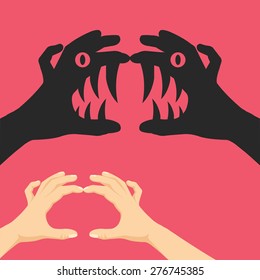 Shadow Puppet Concept. Two Realistic Hands Showing Scary Monster On The Wall. Theater Of Shadows Concept. Creative Flat Design Modern Vector Illustration.