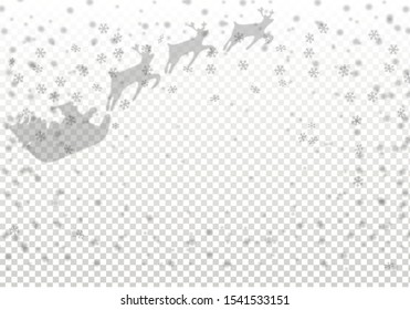 Shadow of Santa Claus on sleigh and his reindeers. Happy new year decoration. Merry christmas holiday. New year and xmas celebration. Vector illustration. Overlay texture  on transparent background.