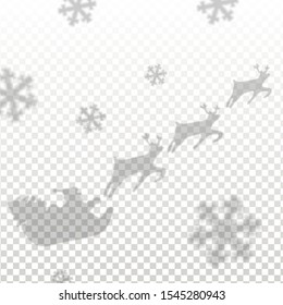 Shadow of Santa Claus on sleigh and his reindeers. Happy new year decoration. Merry christmas holiday. New year and xmas celebration. Vector illustration. Overlay texture  on transparent background.