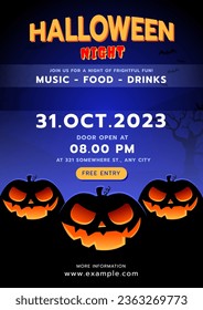 Shadow of Scary Pumpkin Carvings in Halloween Night Poster Layout Template : Announce the Halloween event with a spooky poster notice template, Sinister Jack O' Lantern carvings, bats and dead tree.