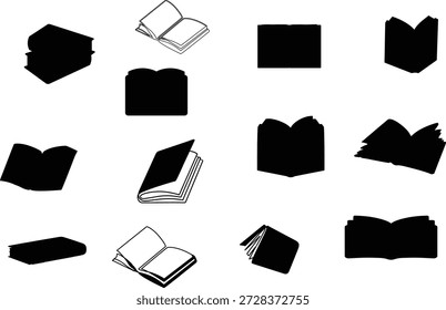 shadow, science, research, bookmark, book icons in various open and closed poses silhouette vector illustration white background