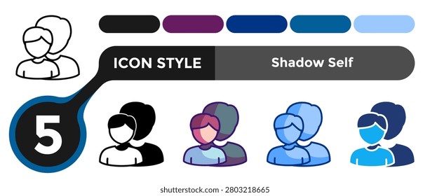 Shadow Self icon for representing hidden identity systems, suppressed traits, and subconscious behavioral patterns. Line, Filled, Color style.