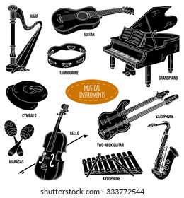 Shadow set with musical instruments, vector cartoon collection