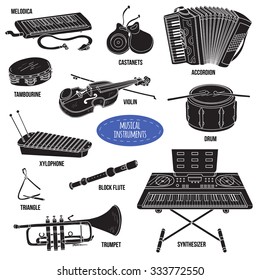 Shadow set with musical instruments, vector cartoon collection