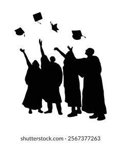 A shadow silhouette illustration of students throwing their graduation caps at a school graduation ceremony.