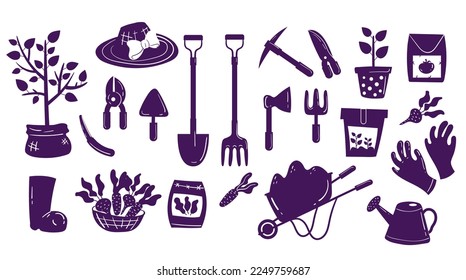 Shadow silhouette modern simple doodle style garden farm tools isolated set. Gardening spring summer time season concept. Vector cartoon graphic design element illustration