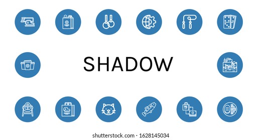 shadow simple icons set. Contains such icons as Steak, Shopping bag, Rings, Global, Skipping rope, Dominoes, Feeding chair, Cat, Trout, Paper cup, can be used for web, mobile and logo