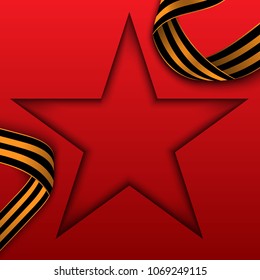 Shadow of Star and Saint George ribbons on red background. Illustration for May 9 Russian Day of Victory holiday of the great Patriotic war.