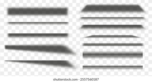 Shadow stripes set. Overlay drop shadows effect collection. Realistic lines and borders shades isolated on transparent background