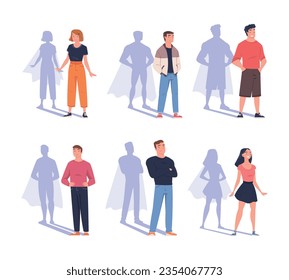 Shadow of Superhero with People Character Standing and Smiling Vector Set