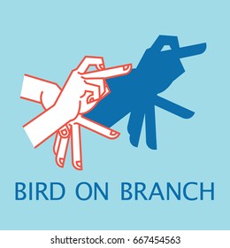 Shadow Theater. Hands gesture like bird on branch. Vector illustration of Shadow Hand Puppet on a blue background. Element for your design, artwork, print. Icon. White silhouette and orange outline.