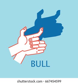 Shadow Theater. Hands gesture like bull. Vector illustration of Shadow Hand Puppet isolated on a blue background. Element for your design, artwork, print. Icon. White silhouette and orange outline.
