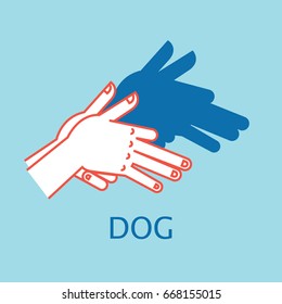 Shadow Theater. Hands gesture like Dog. Vector illustration of Shadow Hand Puppet isolated on a blue background. Wolf. Element for your design, artwork, print. Icon.