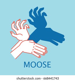 Shadow Theater. Hands gesture like Moose. Vector illustration of Shadow Hand Puppet isolated on a blue background. Element for your design, artwork, print. Icon.