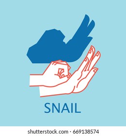 Shadow Theater. Hands gesture like Snail. Vector illustration of Shadow Hand Puppet isolated on a blue background. Element for your design, artwork, print. Icon.