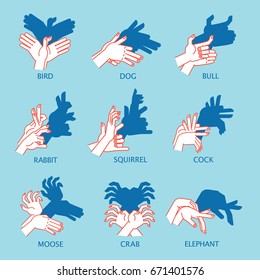 Shadow Theater. Hands Gesture Like Different Animals And Birds. Vector Illustration Of Shadow Hand Puppet Isolated On A Blue Background. Element For Your Design, Artwork, Print. Icon.