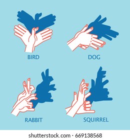 Shadow Theater. Hands gestures like flying bird, dog, rabbit, squirrel. Vector illustration of Shadow Hand Puppets on a blue background. Element for your design, artwork, print. Set of icons. 