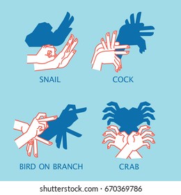 Shadow Theater. Hands gestures like snail, cock, bird on branch, crab. Vector illustration of Shadow Hand Puppets on a blue background. Element for your design, artwork, print. Set of icons. 