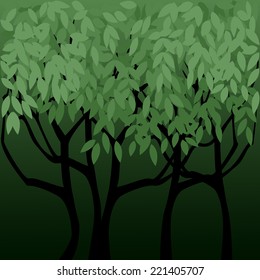 In the shadow of trees. Illustration of dark garden corner. Small trees and green leaves. Copy space. Vector is EPS8.