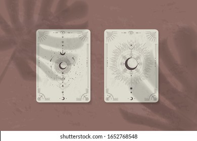 sombra de una hoja tropical en papel. tarjetas tarot, seancia, ilustración sagrada astral. geometría, el sistema solar, los cuerpos cósmicos, el sol y la luna. Gráficos vectoriales