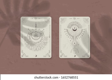 shadow of a tropical leaf on paper. tarot cards, seance, astral sacred illustration. geometry, the solar system, cosmic bodies, the sun and the moon. Vector graphics