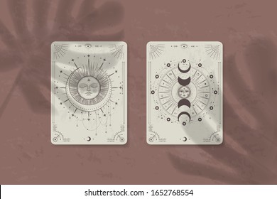 shadow of a tropical leaf on paper. tarot cards, seance, astral sacred illustration. geometry, the solar system, cosmic bodies, the sun and the moon. Vector graphics