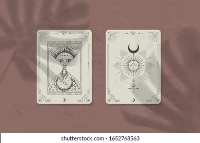 shadow of a tropical leaf on paper. tarot cards, seance, astral sacred illustration. geometry, the solar system, cosmic bodies, the sun and the moon. Vector graphics