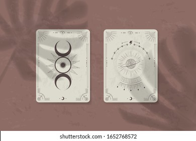 shadow of a tropical leaf on paper. tarot cards, seance, astral sacred illustration. geometry, the solar system, cosmic bodies, the sun and the moon. Vector graphics