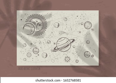 sombra de una hoja tropical en papel. tarjetas tarot, seancia, ilustración sagrada astral. geometría, el sistema solar, los cuerpos cósmicos, el sol y la luna. Gráficos vectoriales