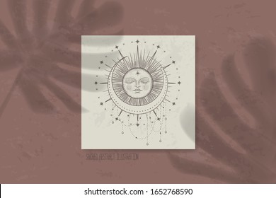 shadow of a tropical leaf on paper. tarot cards, seance, astral sacred illustration. geometry, the solar system, cosmic bodies, the sun and the moon. Vector graphics