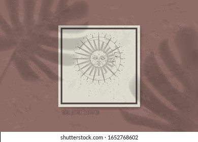 shadow of a tropical leaf on paper. tarot cards, seance, astral sacred illustration. geometry, the solar system, cosmic bodies, the sun and the moon. Vector graphics