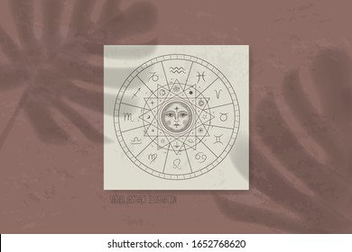 sombra de una hoja tropical en papel. tarjetas tarot, seancia, ilustración sagrada astral. geometría, el sistema solar, los cuerpos cósmicos, el sol y la luna. Gráficos vectoriales