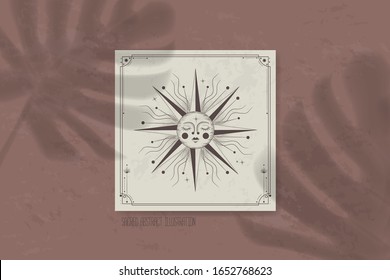 sombra de una hoja tropical en papel. tarjetas tarot, seancia, ilustración sagrada astral. geometría, el sistema solar, los cuerpos cósmicos, el sol y la luna. Gráficos vectoriales