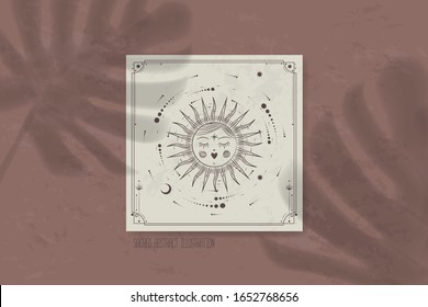 sombra de una hoja tropical en papel. tarjetas tarot, seancia, ilustración sagrada astral. geometría, el sistema solar, los cuerpos cósmicos, el sol y la luna. Gráficos vectoriales